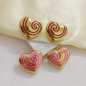 Polished 18K gold plated heart earrings with spiral colorful enamel glaze detail