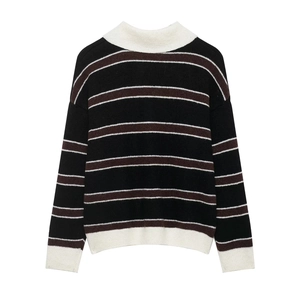 Minimalist striped polo neck knit sweater with black and brown patterns for women