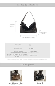 Tableau des tailles et détails d'un grand sac bandoulière en cuir PU avec dimensions et coloris