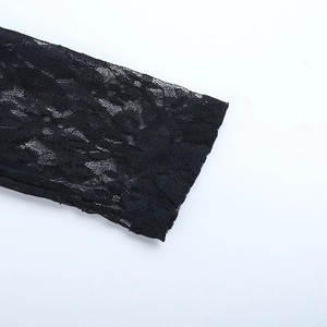 Close-up of the delicate black lace pattern and mesh texture on the sleeve cuff