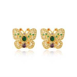 Exquisite gold-plated butterfly stud earrings set with vibrant multi-color zircons