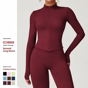 Damen Schlanke Passform Schnelltrocknend Sportjacke Stehkragen Reißverschluss Langarm Yoga Top Zum Laufen Fitness Oberbekleidung