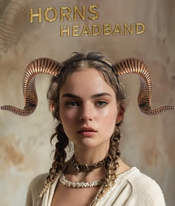 Detailed view of bronze spiral ram horns headband with realistic texture for cosplay