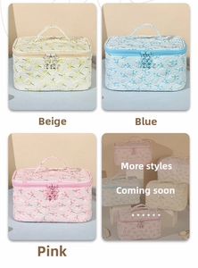Detail of quilted floral cosmetic bags with dual zippers and portable top handles