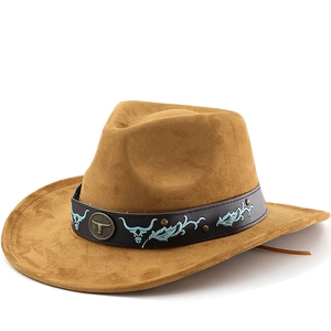 Western Cowboy Hat Suede Wide Brim Bull Head Buckle Retro Ethnic Outdoor Fedora For Men Women