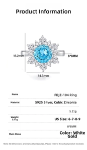 Detailed size specifications for snowflake S925 silver ring with 8mm blue cubic zirconia
