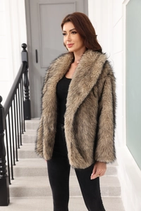 Detail of premium faux fur texture and lapel design on a stylish long-sleeved brown coat