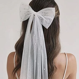 Girls White Mesh Bow Hair Clip With Faux Artificial Pearl Short Veil For Wedding Party Ceremony Elegant Headpiece