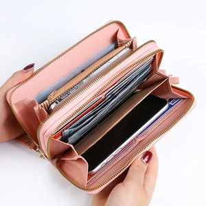 Pale pink long wallet with double zipper and multi-compartment large capacity for smartphone