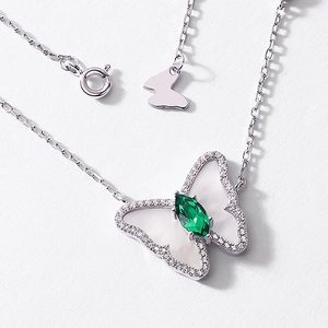 S925 silver butterfly necklace with white shell wings and green emerald pendant