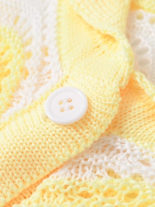Macro shot of white four-hole buttons and yellow wavy knit texture on cardigan