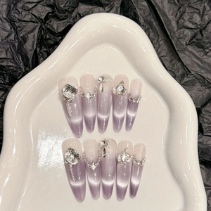 Purple Cat Eye Press On Nails Long Stiletto Gradient Handcrafted Artificial Fake Nails Rhinestone Metal Chain Decor Elegant