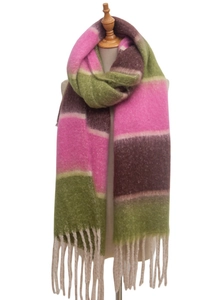 Close-up of thick knitted scarf with pink green brown stripes and beige fringe details