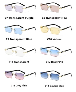 Matrix display of rimless square sunglasses in eight gradient jelly colors with metal temples