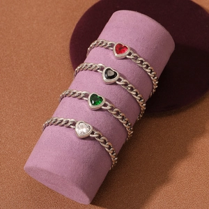 Chain style heart zircon rings in silver stainless steel with multi-colored gemstones