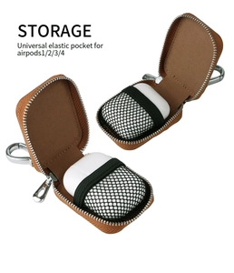 Detailed view of the brown zipper case for AirPods with mesh pocket and metal carabiner