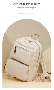 Minimalist cream backpack displayed against aesthetic geometric props with studio lighting