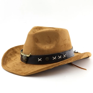 Classic camel faux suede western cowboy hat with metal bull badge and leather band