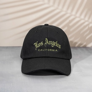 Classic black cotton baseball cap featuring Los Angeles California embroidery and palm shadows