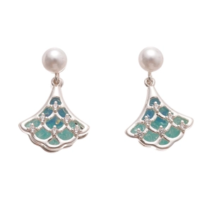 Silver fan-shaped drop earrings with gradient blue-green enamel and white pearls