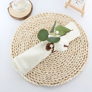 Detailed view of white pumpkin napkin ring with eucalyptus leaves and pine cones