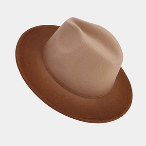 Overhead view of a two-tone gradient fedora hat in khaki and dark brown wool felt