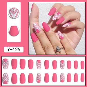 Short ballet matte pink press-on nails with white geometric lines, 24 pieces set