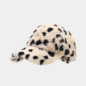 Detailed close-up showing the soft leopard print faux fur texture of the winter baseball cap