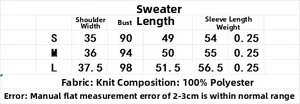 Size chart for knit cardigan showing dimensions for S, M, L in cm and fabric composition
