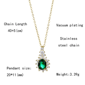 Detail showing dimensions of gold stainless steel necklace with green oval crystal