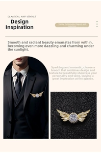 Macro detail of a golden angel wing brooch with sparkling rhinestones on black suit lapel