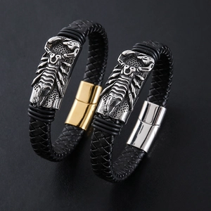 Scorpion Braided Leather Bracelet Stainless Steel Magnetic Clasp Punk Retro Men Jewelry