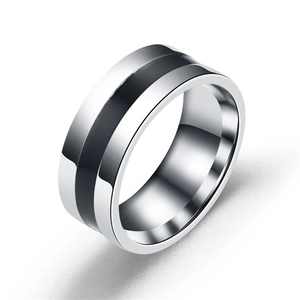 Men's fashion silver titanium steel ring with a distinctive black oil-drop center band