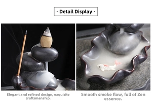 Detailed view of stone-textured ceramic backflow incense burner with lotus pond and koi
