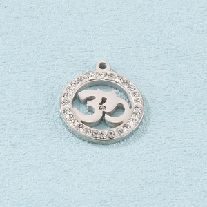 Polished silver stainless steel OM pendant necklace with clear zircon stone border