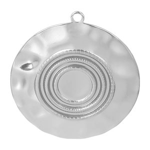 Macro detail of silver 304 stainless steel round pendant with hammered texture design