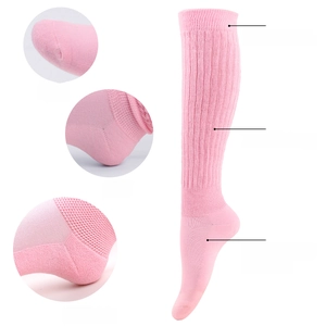 Detail view of pink slouch socks showing thickened terry sole and double-layer cuff design
