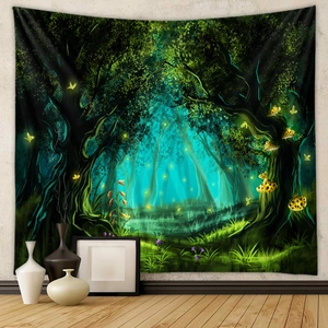 Detail of artistic forest tapestry with glowing mushrooms and fireflies on a gray wall
