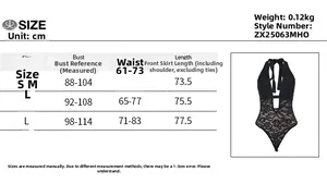 Detailed size chart for lace hollow halter jumpsuit including bust and waist measurements