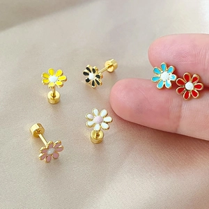 Daisy stainless steel flat back stud earrings in six colorful enamel finishes for women