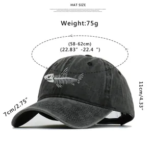 Detailed size chart for washed cotton baseball cap with fishbone embroidery and dimensions