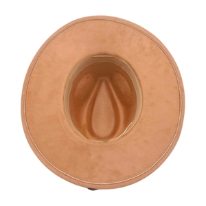 Detail view of khaki wide brim fedora showing internal sweatband and neat stitching
