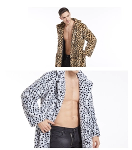 Detailed plush texture of men's faux fur leopard print coat with a long-line fit