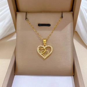 Interlocking Heart Pendant Necklace Gold Color Stainless Steel And Copper Zircon Clavicle Chain Elegant Jewelry Women