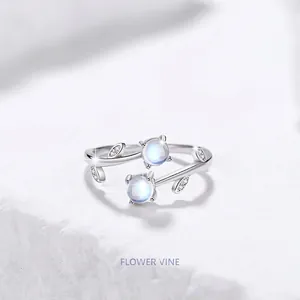 925 Sterling Silver Flower Vine Open Ring For Women Glazed Stone Zirconia Adjustable Leaf Design Light Luxury Niche Ring Jewelry