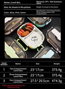 Size chart showing dimensions for 304 stainless steel bento boxes with 2, 3, and 4 compartments