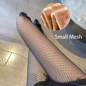 Detail of small mesh fishnet leggings with thick warm fleece lining for winter wear