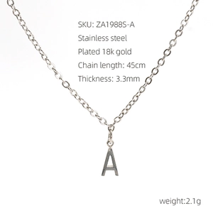 Detailed view of silver stainless steel necklace with letter A pendant and 45cm O-chain