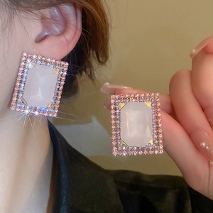 Vintage geometric rectangle stud earrings with pink crystal and rhinestone accents