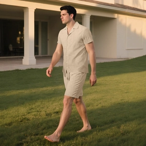 Men's summer casual two-piece beige short sleeve shirt and drawstring shorts set